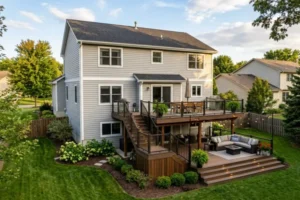 Professionally designed multi-level composite deck with upper dining space, lower entertainment area, integrated lighting, and landscaped backyard in Connecticut.