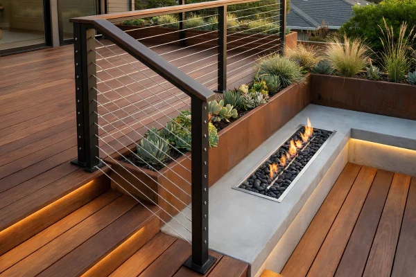 Luxury multi-level wood deck with cable railing, built-in concrete fire feature, landscape planters, and integrated step lighting.