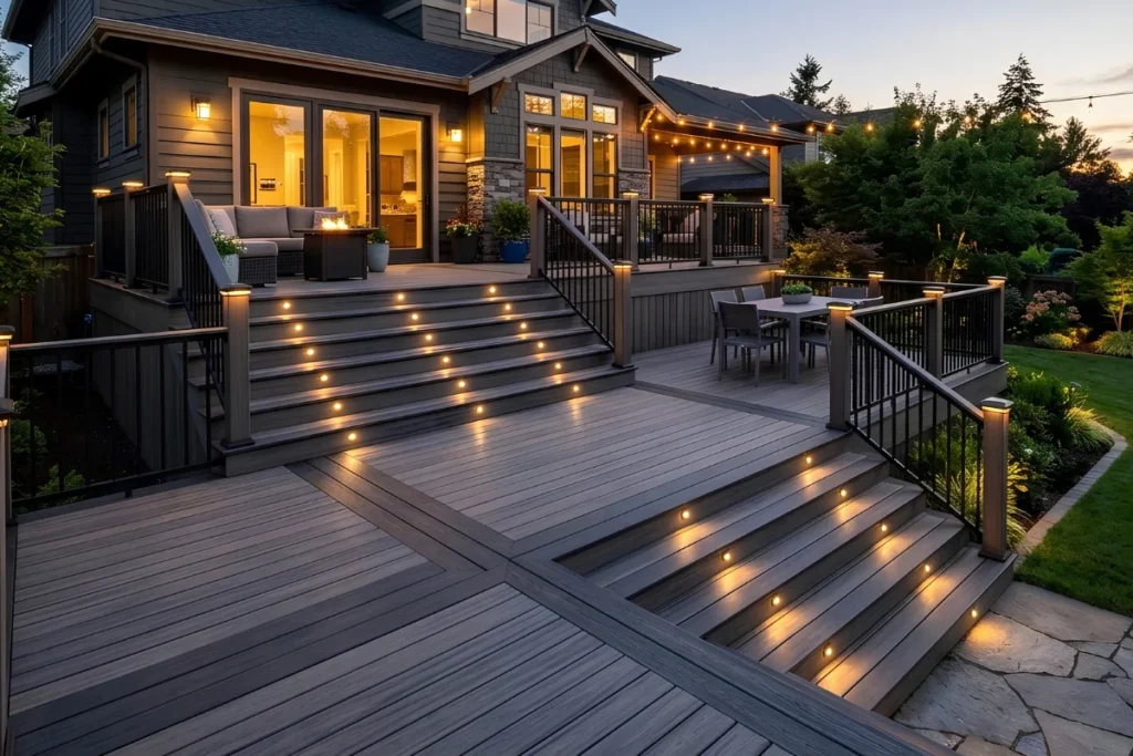 A contemporary multi-level composite deck with wide stairs, dark gray decking, black railings, and integrated step lighting outside a modern home at dusk.