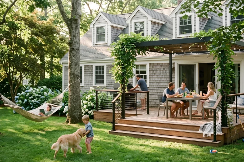 A family enjoys a newly installed backyard deck with a pergola, dining furniture, and cable railings, while a child and dog play on the lawn.