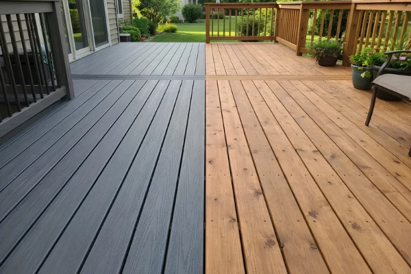 Composite vs. wood decking comparison: Gray composite decking beside natural wood decking on a residential backyard deck, highlighting differences in color, texture, and appearance.